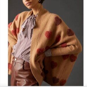 Anthropologie Boucle Heart Wool Blend Knit Kimono Sweater One Size Tan Brown